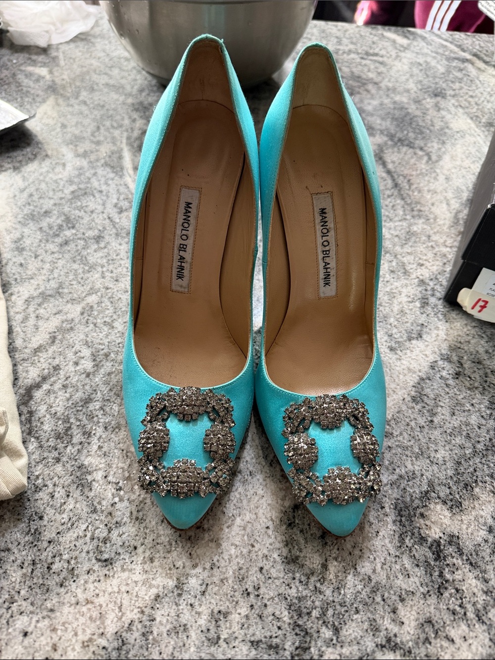 Manolo Blahnik Turquoise Satin Pointed Toe Pumps with Crystal Buckle